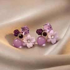 Retro Purple Pink Crystal Flower Earrings Exquisite Women Fashion Girl Gift New