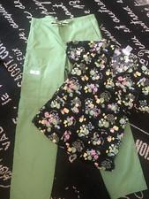 SET of 2 Pc XS/P SCRUB MED TOP & PANTS Green Black Nature Floral Medical Nurse