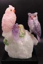 Peter Muller Hand Carved Rose Quartz & Amethyst Owl on Tourmaline Base