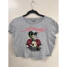 Vintage Ed Hardy Snake & Skull Graphic Crop Baby T-Shirt – Women’s XL Grey Y2K