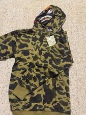 A Bathing Ape BAPE Shark Camo Full Zip Fleece Hooded Hoodie Green Black Men L