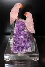 Peter Muller Hand Carved Rose Quartz/Fluorite Macaw Couple on Amethyst 4 1/4"