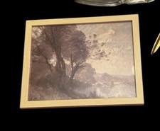 Vintage Sepia Landscape Print Framed Neutral Farmhouse Wall Art Trees Lake 10x12
