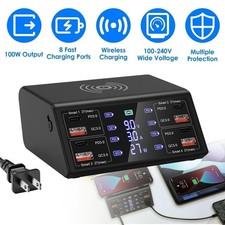 100W 8 Port Multi USB-C PD QC3.0 Fast Charger Phone Wireless Charging Station