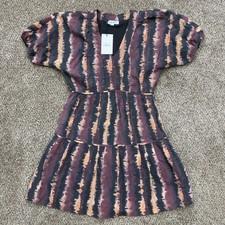 THML Verity Tie Dye Tiered Mini Dress Burgundy Black Tan XS NWT