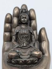 Vintage Top Collection Guan Yin Buddha Statue Palm Hand Lotus Base Bronze Tone