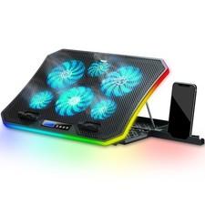 C12 Laptop Cooling Pad 6 Quiet Fans, 8 Height Setting, Phone Holder-Ice Blue LED