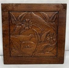 Vintage Folk Art Carved Wood Relief Panel Tile Bird's Nest & Flowers 6.75"