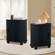 Black Oval End Table Set of 2, Fluted Side Tables with Sliding Door Living Room