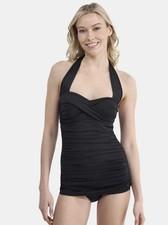 Simply Slim Black One Piece Swimsuit XL 16W Halter Ruched Tummy Control Retro 