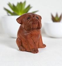 5" Wooden Hand Carved English Bulldog Figurine Statue Sculpture Dog Home Decor