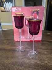 Ruby Red Glass Votive Candle Holders with Clear Stems Set of 2