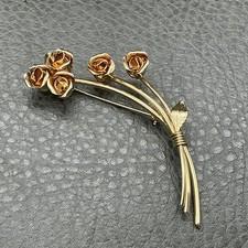 Brooch Gold Tone Rose Flower Spray Pin Bouquet Long Stem Floral Jewelry Womens