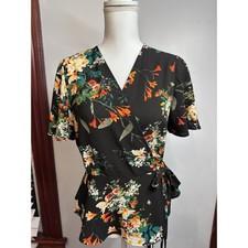 Monteau Los Angeles Womens XL Floral Wrap Peplum Blouse Black Short Sleeve
