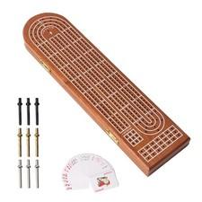 3-Track Wooden Cribbage Board Game with Storage, 9 Metal Pegs/Playing Cards