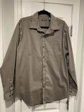 Van Heusen Traveler Size L 16 Black Tan Plaid Button Down Cotton Stretch Shirt