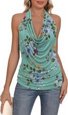 Womens Halter Cowl Neck Tank Top Backless Ruched Summer Casual Sexy Shirt