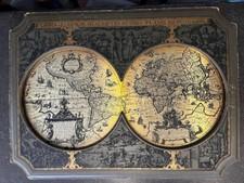 Vintage 1964 Masketeers Large Brass Wood Map of the World in 1628 orbis terrarum