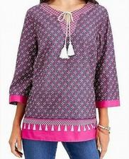 Nwt Charter Club Printed Blouse Tassel Ties Size M