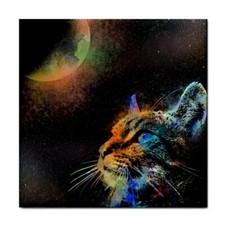 Ceramic Tile 4.25 inches Coaster Cat 624 Moon Space Stars Digital art L.Dumas