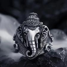 Ganesha Elephant Open Ring Jewelry Silvery Ancient Hindu Adjustable Resizable