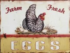 TIN SIGN "Farm Fresh Eggs” Rooster Hen Farm Dairy Vintage Chickens Rooster