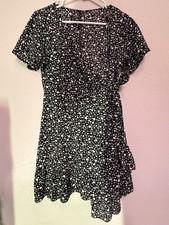 Womens Black Floral Wrap Dress with Floral White Dots