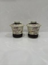 VTG: TEA CUPS (2) With Lids Japanese Bamboo Black and gold pattern 