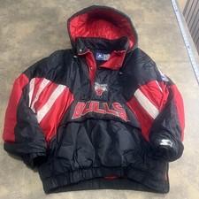 VTG Chicago Bulls Starter Jacket Size L Black Kangaroo Pouch 90s Vintage Hooded