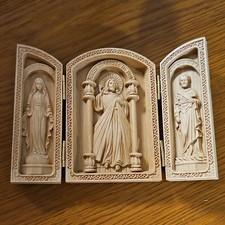 Wooden Christian Triptych Statue Jesus Virgin Mary Saint Religious Decor