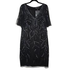 Papell Studio Dress Womens 14 Black Beaded Tulle Party 1920s Gatsby Wedding Gala