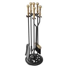 VEVOR Fireplace Tool Set 5 PCS with Stand Tongs Shovel Brush Poker Black Brass