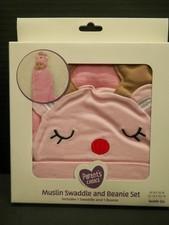 Parents Choice Muslin Swaddle and Beanie Pink Cotton Infant Newborn Reindeer Set