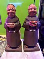 Vintage Carved Large Wooden Monk Figurine Pair - Signed C.O Trygg Sweden 1955