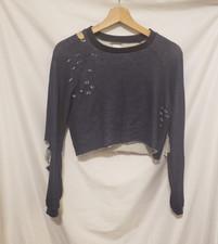 NSF Cropped Distressed Sweatshirt Women Petite Indigo Blue Long Sleeve