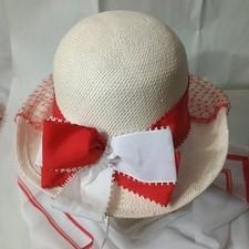 Vtg Betmar Straw Derby Style Veil Hat White Red Band Big Bow Union Made USA NWT