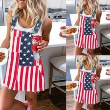 Women's Overalls USA America Flag Print Bib Dress Jumpsuit Romper Short Skirt