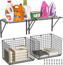 2 Pack Laundry Room Shelves, Wire Baskets with 8 Hooks, over Washer and Dryer Sh
