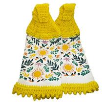 Sunny Botanical Hanging Kitchen Towel Set Crochet Top Yellow Top Bottom Trim