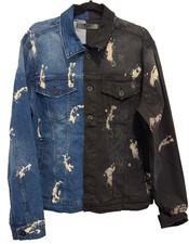 KDNK Two-Tone Distressed Comfort Stretch Denim Jacket,Blue/Black, S, MSRP $99.99