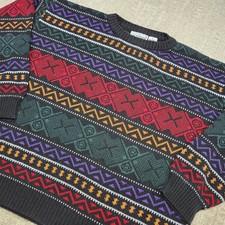 Vintage 90s Grandpa Sweater Men Large Geometric Fair Isle Holiday Knit Le Tigre