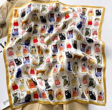 100% Mulberry Silk 20 "Square Scarf Women Neckerchief Wrap Cartoon Cat white