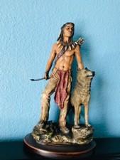 Native American Indian Warrior with Wolf Statue Sculpture Figurine Gift 13" Tall