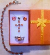 Orange Sapphire Orange Fire Opal Cross Necklace, Earrings, Bracelet, Ring 10 Set