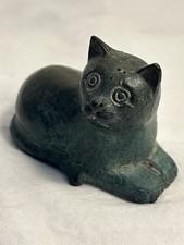 Vintage cat figurine patina green Bronze look small sitting kitty sculpture