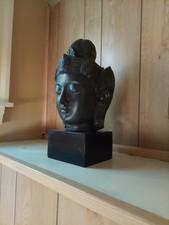 Buddhism Buddha Head Bust Statue Figure Sculpture on Black Base Dark Finish