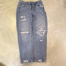 Garage Distressed Mom Denim Jeans Blue Button Zip 5-Pocket Design Women