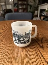 GLASBAKE Currier & Ives Farm Milk Glass Coffee Mug Made In USA