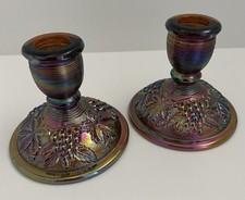 Imperial Glass Grape & Leaf Amethyst Carnival Glass Candle Holders VINTAGE RARE