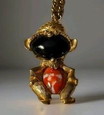 Vintage Black Orange Cabochons Genie Magi Figural Golden Chain Pendant Necklace 